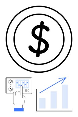 Dolar madeni para zenginliği simgeler, elle kontrol paneli yönetimi gösterir, bar tablosu büyüme eğilimini gösterir. Finans, iş, yatırım, ekonomik istikrar, kâr artışı ve para için ideal