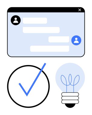 Kullanıcı simgeleriyle mesaj arayüzü, bir çemberde işaretleme işareti, ve iletişimi temsil eden parlayan ampul, görev başarısı, yaratıcılık, takım çalışması, üretkenlik, ağ yeniliği. İdeal