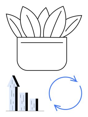 Büyümeyi simgeleyen saksı bitkisi, ilerlemeyi gösteren bar çizelgesi ve geri dönüşümü simgeleyen dairesel oklar. Sürdürülebilirlik, iş büyümesi, ekoloji, ilerleme, yenilenme, çevre sade
