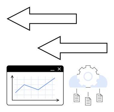 İki ok veri alışverişini gösteriyor. Bir grafik analitiği simgeliyor. Belgeli bir cihaz ise bulut tabanlı otomasyonu temsil ediyor. Veri akışı, analitik, bulut, strateji, teknoloji ve süreç için ideal