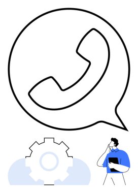 Konuşma balonunda büyük bir telefon ikonu, aşağıda küçük vites, pano düşünen bir adam. İletişim, müşteri hizmetleri, sorun giderme, problem çözme, teknoloji, takım çalışması için ideal basit