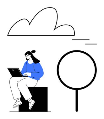 Otururken dizüstü bilgisayarda çalışan kadın, bulut teknolojik temaları vurguluyor, büyüteç ise aramayı simgeliyor. Teknoloji, araştırma, çevrimiçi araçlar, bulut hesaplama, eğitim, analiz dijital için ideal