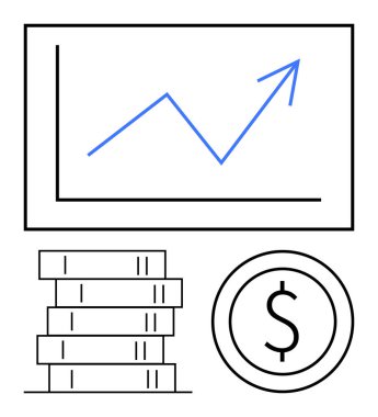 Yukarı doğru yükselen mavi eğilim çizelgesi büyümeyi simgeliyor, yığılmış paralar zenginliği temsil ediyor, para birimi için dolar işareti. Finans, yatırım, büyüme stratejisi, ekonomi, veri görselleştirme, kurumsal