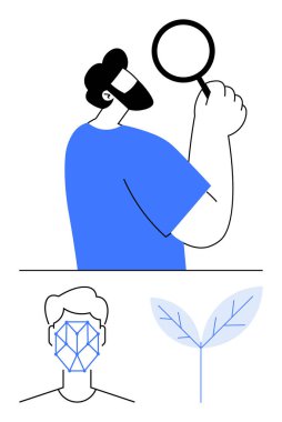 Büyüteç tutan adam, yüz tanıma sistemi ve bitki filizi. Kimlik belirleme, araştırma, biyometri, ekoloji, sürdürülebilirlik gözlem yeniliği için ideal. Düz basit metafor