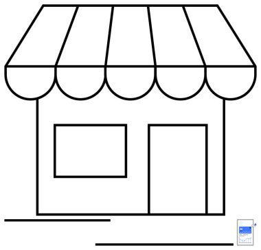 Çizgili tenteli, penceresi ve kapısı olan minimalist mağaza önü tasarımı. Küçük işletmeler, perakende satış, markalaşma, girişimcilik, pazar yeri yerel şehir planlaması için idealdir. Düz basit
