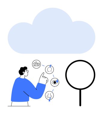 Duyusal ikonları işaret eden noktalar göz, beyin, el, burun, kulak bulut deposuna bağlı teknoloji ve veri bağlantısını sembolize ediyor. Yapay zeka, makine öğrenimi, büyük veri, bulut hesaplaması için ideal