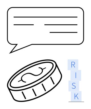 Dolar işaretli sikke, iletişim için konuşma balonu, RISK yığılı bloklar. Finans, karar verme, iş stratejileri, yatırım planlaması, risk yönetimi, soyut ekonomi için ideal