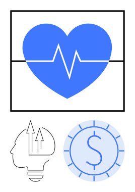 Nabız çizgisi sağlığı simgeleyen mavi kalp, büyümeyi temsil eden oklu bir baş ve zenginliği simgeleyen bir dolar işareti olan bozuk para. Sağlık, yenilik, finans, büyüme ve başarı için ideal