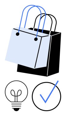 Mavi saplı alışveriş torbaları, yaratıcılık için ampul ve başarıyı gösteren işaretler. E-ticaret, yenilik, perakende, iş stratejisi, tüketici davranışı, markalaşma için ideal