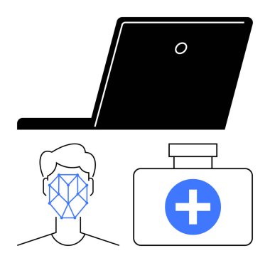 Soyut yüz tanıma mekaniği, dizüstü bilgisayar arayüzü ve haçlı sağlık sembolü. Yapay zeka, teknoloji, sağlık, dijital kimlik, biyometrik güvenlik, tıbbi