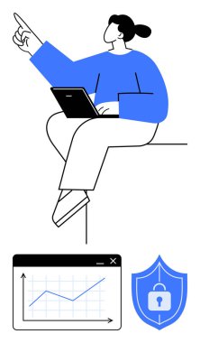 Yükselen bir grafik ve kalkan asma kilit simgesinin yanında yukarı doğru dizüstü bilgisayar kullanan biri. Veri analizi, siber güvenlik, büyüme stratejisi, çevrimiçi güvenlik, teknoloji, takım çalışması ve iş dünyası için ideal
