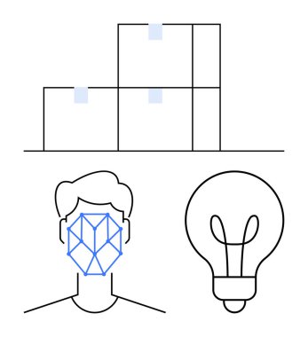 Yığılmış kutular lojistiği, insan telgrafı yüz tanıma kavramını gösterir ve ampul fikirleri sembolize eder. Teknoloji, otomasyon, depo, yaratıcılık, ticaret ve yapay zeka için ideal.