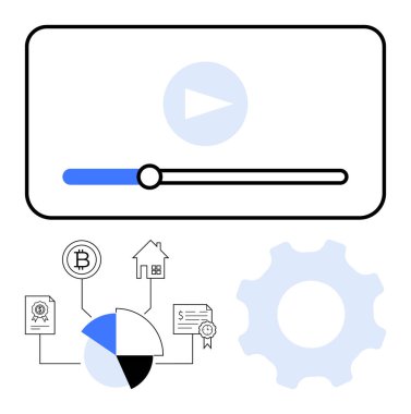 Oynatma çubuğu, pasta grafiği, blok zinciri simgeleri, vitesin yanında ev ve belge grafikleri, dijital yeniliği sembolize ediyor. Teknoloji, finans, kripto para birimi, otomasyon veri üretkenliği için ideal
