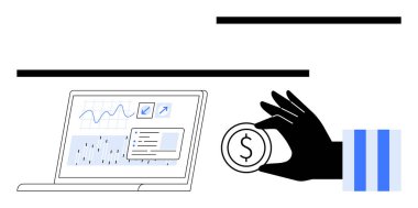 Grafikleri, analizleri ve veri eğilimlerini gösteren bir dizüstü bilgisayarın yanında el ele tutuşma parası. Finans, yatırım, teknoloji, ekonomi, tasarruf analitik işleri için idealdir. Düz basit metafor