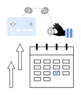 Kredi kartı, el transfer paraları, yükselen oklar ve planlanan ödemeler için işaretlenmiş takvim kutusu. Finans, bütçe, dijital bankacılık, işlem süreci ve ödeme için idealdir.