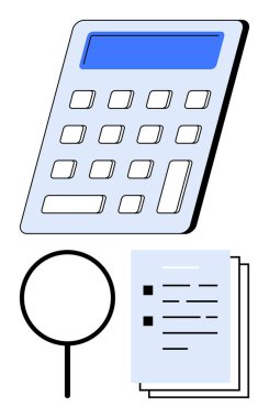 Mavi ekranlı hesap makinesi, büyüteç ve hesaplama, analiz ve gözden geçirmeyi temsil eden istiflenmiş belgeler. Maliye, muhasebe, denetim ve araştırma değerlendirme dairesi için ideal