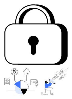 Büyük asma kilit, daha küçük kripto para ikonları, ev, pasta grafiği, belgeler ve siber saldırılara karşı koyan bir kişi. Veri güvenliği, gizlilik, siber güvenlik, varlık koruma şifrelemesi için ideal