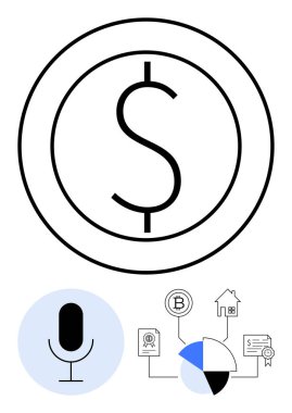 Çemberde dolar işareti, mikrofon simgesi ve pasta grafiği, Bitcoin, ev ve belge de dahil olmak üzere finansal unsurlar. Teknoloji, finans ve ekonomi analizleri için ideal dijital zincir yatırımı engelleme