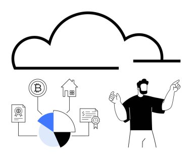 Finansal unsurları birbirine bağlayan bulut sembolü pasta grafiği, kripto para, gayrimenkul, sertifikalar. Finans, yatırım, engelleme zinciri, bulut hesaplama, fintech veri paylaşımı için ideal