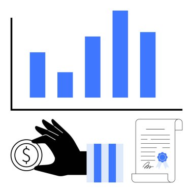 İlerleme gösteren ölçü grafiği, yatırım için el ele tutuşan para, resmi sertifikalı belge. Finans, iş, yatırım, büyüme, sertifika güven planlaması için idealdir. Düz basit metafor