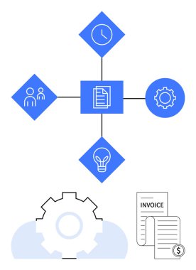 Belge, saat, insanlar, ampul ve organizasyonu sembolize eden dişli simgeleriyle akış şeması. İş yönetimi, iş akışı, takım çalışması üretkenlik yeniliği otomasyon finansmanı için idealdir. Düz