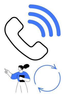 Sinyal çizgileri olan stilize telefon, devamlılık için daire şeklinde oklar ve işaret eden biri. İletişim, müşteri hizmetleri, iş akışı, teknik destek, takım çalışması, işbirliği için ideal