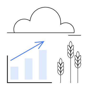 Yukarı doğru ok ve buğday saplarıyla büyümeyi simgeleyen bir grafiğin üzerindeki bulut elementi. Tarım, teknoloji, veri analizi, sürdürülebilirlik, tarım, yenilik için ideal, düz basit metafor