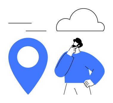 Büyük mavi yer işareti, bulut ve basit çizgilerin yanında düşünceli bir duruş. Navigasyon, karar verme, seyahat, strateji, yenilik analizi planlama için idealdir. Düz basit metafor