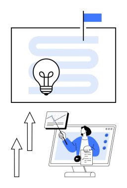 Dolambaçlı yoldaki ampul bayrağa, ekrandaki adam çizelgeleri analiz ediyor. Yenilik için ideal, veri takibi, hedefler, ilerleme, strateji, planlama motivasyonu. Düz basit metafor
