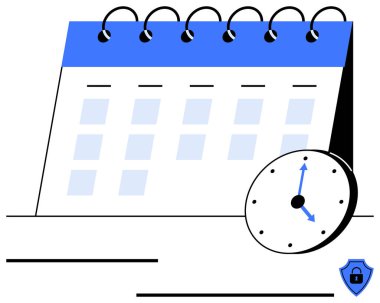 Spiral bağlayıcı takvim, zamanı simgeleyen saat ve veri güvenliğini vurgulayan kalkan. Planlama, programlama, mühlet, organizasyon, mahremiyet, siber güvenlik verimliliği için ideal