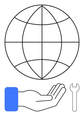 Küresel birlik, hizmet, yenilik ve problem çözmeyi temsil eden mavi kollu el ve ingiliz anahtarının üzerinde özetlenmiş bir dünya. İşbirliği, sürdürülebilirlik, bakım, teknoloji, takım çalışması için ideal