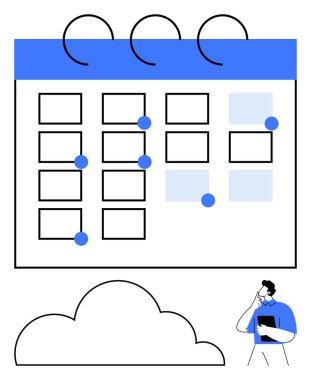 İşaretli tarihli mavi aksanlı takvim, bulut sembolü ve elinde bir defter tutan düşünceli kişi. Zaman yönetimi, planlama, zamanlama, mühlet, organizasyon, iş akışı için ideal