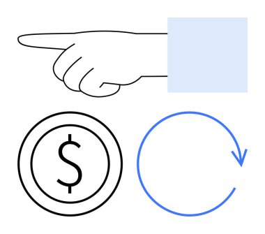 Dolar simgesine doğru uzanan bir el ve iş akışını gösteren dairesel bir ok. Finans, ödeme, yön, para birimi, karar verme, işlem, süreç kavramları için idealdir. Düz basit