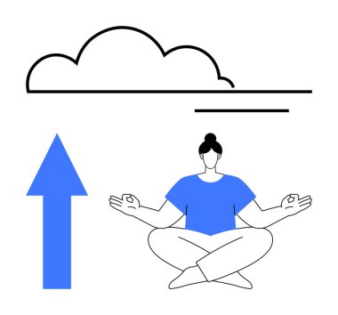 Bacak bacak üstüne atmış bir kadın, bulutun altında meditasyon yapıyor, yakınlarda büyük bir ok var. Farkındalık, büyüme, kişisel gelişim, zihinsel berraklık, meditasyon, kişisel gelişim için idealdir.