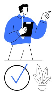 Bir pano tutan ve kendine güvenen bir jest yapan bir işadamı, yanında bir işaret simgesi ve saksı bitkisi var. Liderlik için ideal, görev yönetimi, takım çalışması, üretkenlik, hedef belirleme, proje