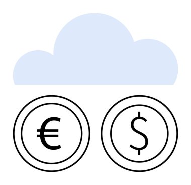 Dijital işlemleri, çevrimiçi finansmanı ve küresel para akışını gösteren Avrupa ve Dolar para birimi sembollerinin üzerindeki bulut. Fintech, bulut ekonomisi, e-ticaret, veri depolama, uluslararası için ideal