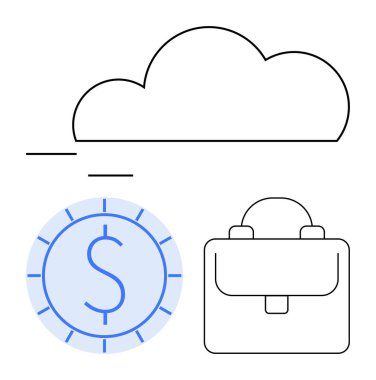 Para üstü dolar işareti ve evrak çantasıyla bulut teknolojisini sembolize ediyor. Finansal işlemleri, iş büyümesini ve yönetimi sağlıyor. Finans, teknoloji, yenilik ve iş için ideal