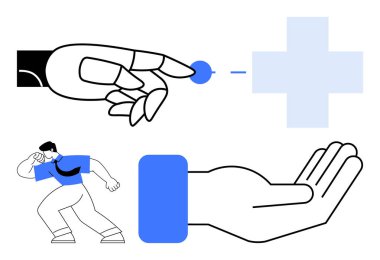 Yardım eli uzatmak, parmağına dokunmak, mavi haç sembolü, sıkıntılı insan figürü. Sağlık hizmetleri, destek, işbirliği, takım çalışması yardım derneği için ideal. Düz basit metafor