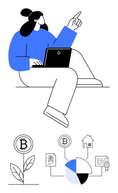 Diz üstü bilgisayar kullanırken yukarı bakan kadın, Bitcoin büyümesi ve ağ simgeleri altında. Kripto para birimi, yatırım, eğitim, teknoloji, yenilik, engelleme ekonomisi için idealdir. Basit bir daire.