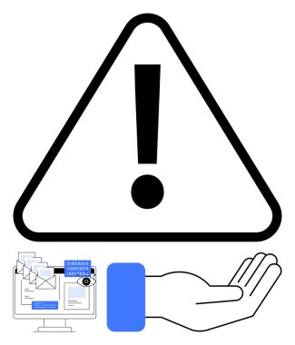 Ünlem işareti üçgeni, açık el, ekrandaki e-postalar siber güvenliği, farkındalığı, risk yönetimini vurguluyor. Çevrimiçi güvenlik, sahte alarm, veri güvenliği, tehdit önleme koruması için ideal