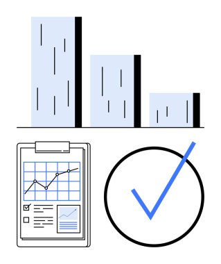 Dikey çubuk grafiği, veri tablosu ve kontrol listesi olan pano, kalın işaretli daire. Ticari başarı, analitik, görev yönetimi, büyüme izleme, sonuç doğrulama, performans için ideal