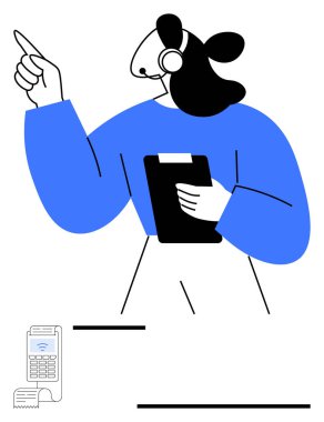 Profesyonel kadın kulaklık takıyor, pano tutuyor, yukarı bakıyor. İletişim, takım çalışması, yönetim, müşteri hizmetleri, liderlik talimatları için ideal. Modern düz basit
