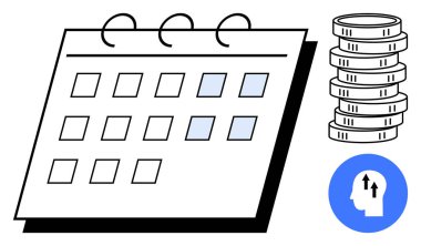 İşaretli tarihler, istiflenmiş paralar ve yukarı bakan oklar içeren beyin ikonu içeren takvim sayfası. Finans, planlama, yatırım, tasarruf, zaman yönetimi stratejisi bütçesi için ideal. Düz basit metafor