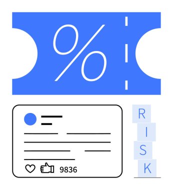 Yüzde işaretli indirim kuponu, sosyal medya profil kartı gösterimi başparmaklar ve görüntüler, ve dizilmiş bloklar RISK. Pazarlama, e-ticaret, finans ve sosyal medya için ideal