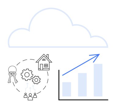 Bir bar çizelgesinin üzerinde bulut, ev, anahtarlar, dişliler ve takım simgeleri. Gayrimenkul, takım çalışması, veri yönetimi, mülkiyet analizi, bulut teknolojisi yeniliği için ideal düz bir metafor
