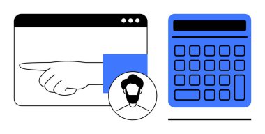 Tarayıcı penceresine kullanıcı profili ve hesap makinesi ile el gösterimi çevrimiçi etkileşimleri, karar verme mekanizmasını, finansal planlamayı, kullanıcı rehberliğini, yazılım araçlarını, dijital iş akışlarını, düz basit