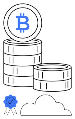 İçinde sertifika şeridi ve bulut siluetiyle eşleştirilmiş Bitcoin logosu olan bozuk para yığını. Kripto para birimi, engelleme zinciri, yatırım, finans, dijital para birimi, teknoloji, merkezi olmayan