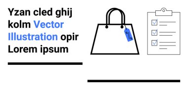 Kolu ve fiyat etiketi olan minimalist alışveriş torbası, kontrol işaretli pano kontrol listesiyle birlikte. Perakende, e-ticaret, planlama, organizasyon, görev yönetimi, bütçe, düz iniş sayfası için ideal