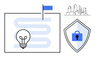 Ampul ve bayrak taşıyan dolambaçlı yol yaratıcılığı ve hedefleri gösteriyor. Güvenliği sembolize eden kilitli bir kalkan. Arka planda şehir silueti. Yenilik, güvenlik ve şehir planlaması için ideal