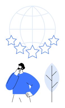 Küresel ızgara sembolü altında en düşük ağaç dizaynı ile birlikte beş yıldızı gözlemleyen düşünceli karakter. İnceleme, kalite, değerlendirme, karar verme, değerlendirme, farkındalık küresel etki için idealdir. Düz